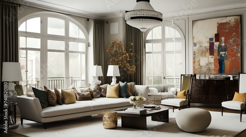 A beautifully decorated living room with stylish furniture, large windows, and tasteful artwork on the walls. photo