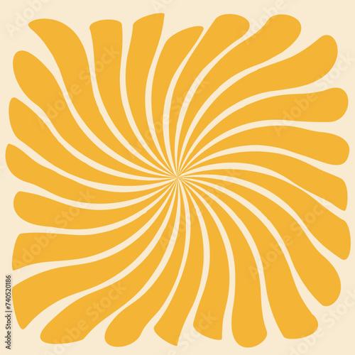 Groovy retro yellow swirl sunburst starburst with ray of light. Flower shape. Abstract background with colorful sun in 60s, 70s hippie style. Trendy graphic print. Sunny template. Flat design. © worldofvector