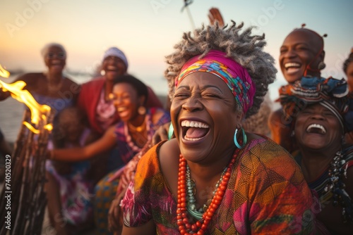 Laughing Caribbean woman  wearing a colorful kaftan and beaded jewelry  their face lit up with laughter as they share a moment of joy with friends at a beach bonfire