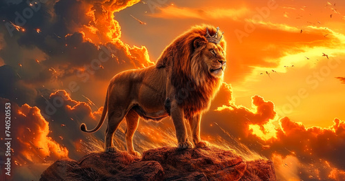 Majestic lion with a royal crown standing atop a rocky peak, against a dramatic fiery sunset sky, symbolizing power, royalty, and the king of the jungle