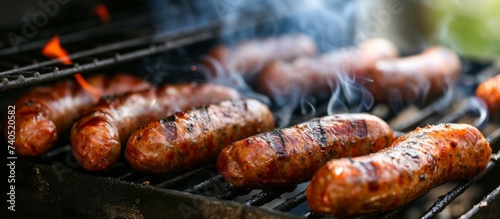 Cooking sausages on barbecue grill outdoors, delicious summer BBQ grilling concept
