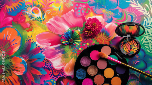 An explosion of color on a makeup palette, mimicking the bright and bold designs of Mexican watercolor ornaments, with each hue perfectly suited for eye shadow and blusher.