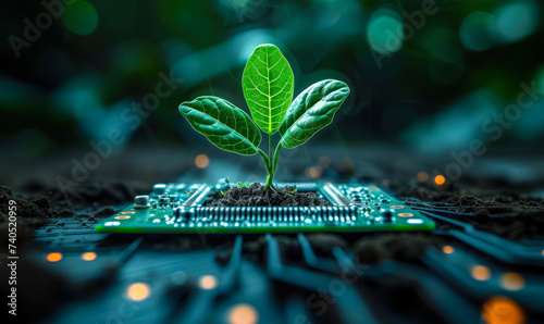 Sustainable Technology Concept with a Young Plant Growing from a Circuit Board, Symbolizing Eco-Friendly Innovation and Green Tech Solutions photo