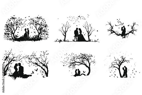 set of Illustrate a silhouette of a couple enjoying a picnic in a scenic park with bird and flowers