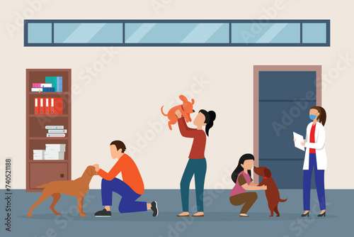 Modern Veterinary Clinic Visitors with dogs vector illustration