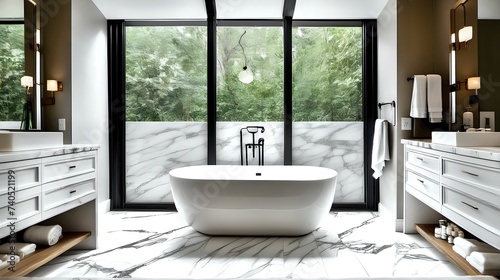 An image of a chic and stylish bathroom with marble countertops  a freestanding bathtub  and contemporary fixtures.