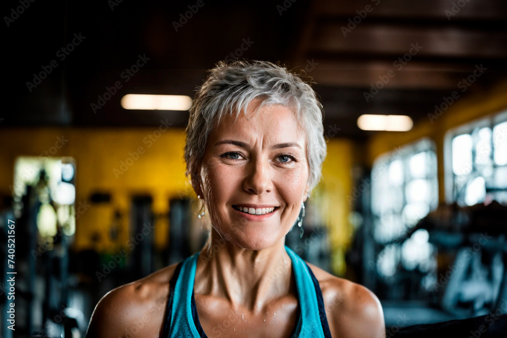 Grey-haired senior woman in gym. AI generation.