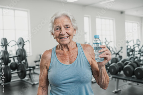 Grey-haired senior woman in gym. AI generation.