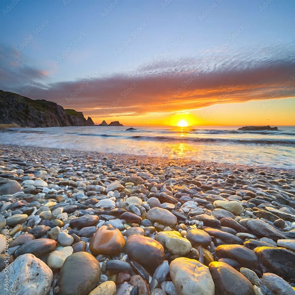 A magical sunset. Pebbles on the seashore. The surface of the beach on the north ocean A magical sunset. Pebbles on the seashore. The surface of the beach on the north ocean