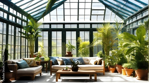 A breathtaking view of a sunlit conservatory with large windows, indoor plants, and comfortable seating. © Rashid