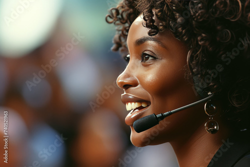 receptionist speaking into the microphone smiling, side view