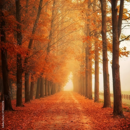 Alley in misty morning park. Beautiful autumn foggy landscape with trees in a forest. Soft focus.