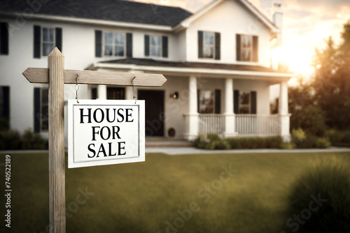 Real estate sign showcasing   house for sale   in front of a blurred house background.