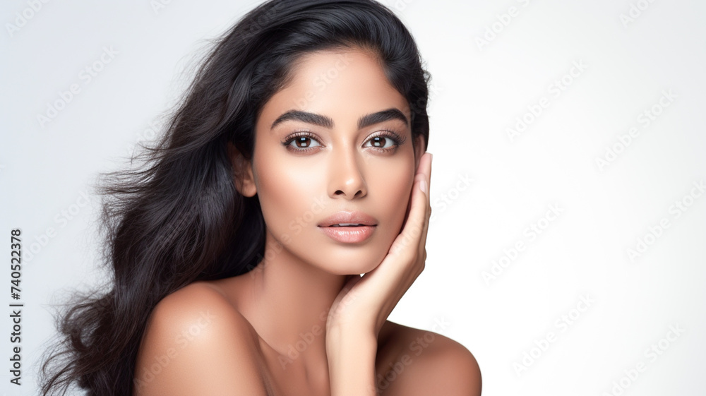 Beautiful indian woman face and body with hands on her face. Close up girls face. Skin care beauty treatments concept.
Beautiful indian woman face and body with hands on her face. Close up girls face. Skin care beauty treatments concept.