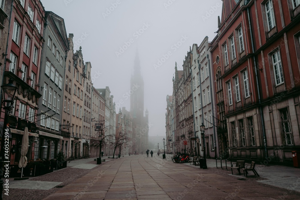 Foggy European old town of Gdansk in Poland