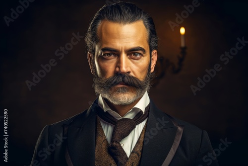 Beard and finely arched mustache of a Hispanic gentleman, the facial hair exuding charisma and grace, against a soft and diffused background, highlighting its classic sophistication and refined elegan