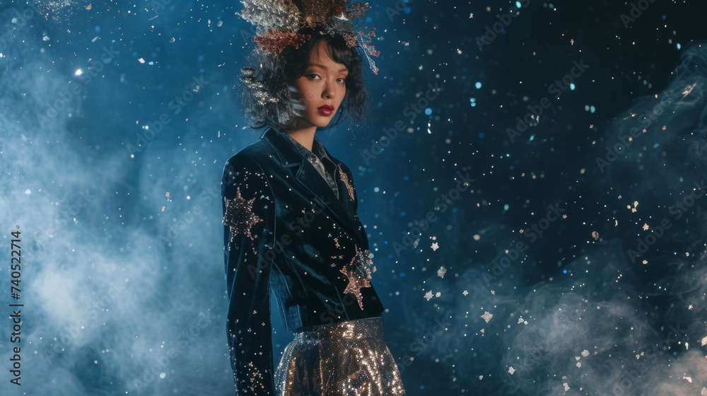 A velvet blazer in deep navy adorned with constellations paired with a sequin skirt and celestial headpiece embodying the mystical and ethereal elements of the cosmic theme. A velvet blazer in deep navy adorned with constellations paired with a sequin skirt and celestial headpiece embodying the mystical and ethereal elements of the cosmic theme.