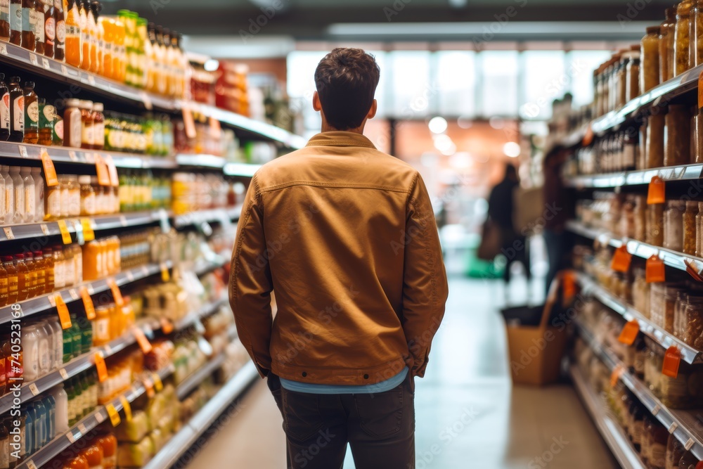A male person examining food labels closely at the grocery store, ensuring compliance with New Food Restrictions set by the FDA, with a focus on health-conscious shopping habits
