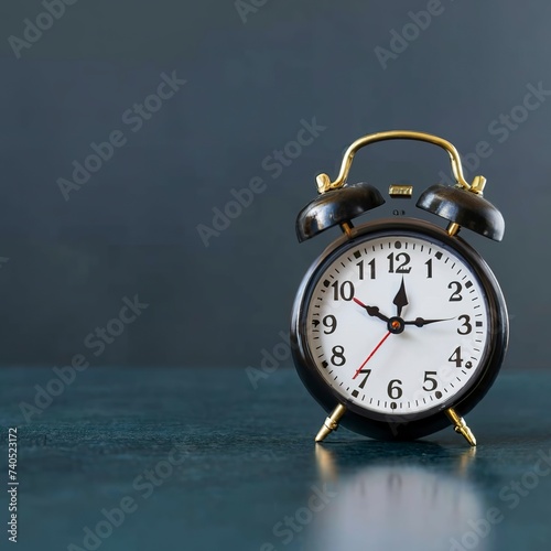 Black alarm clock set on blue background with copy space. Time concept.