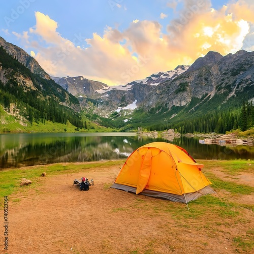 Camping tent in campground at national park. Tourists camped in the woods on the shore of the lake on the hillside.