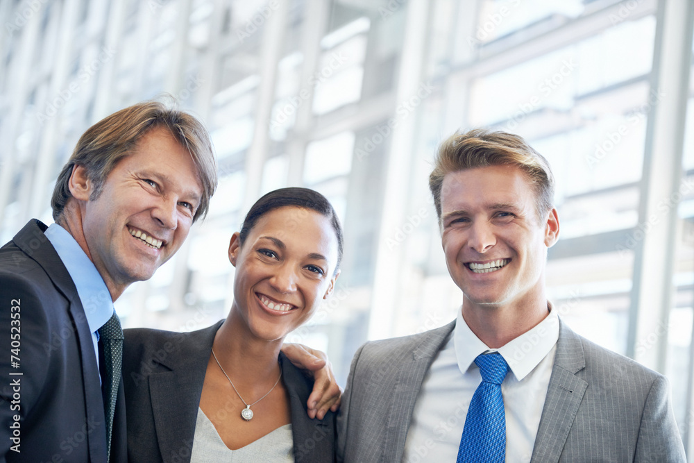 Portrait, hug or business people with teamwork, legal aid or cooperation with confidence or corporate. Lawyers, group or manager with employees or attorney with embrace, professional or collaboration