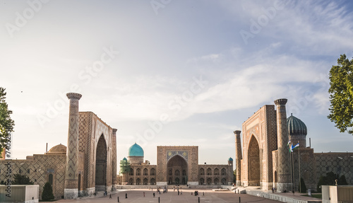 Registan Square, Ulugbek Madrasah, Sherdor Mosque Madrasah and Tillya-Kari Madrasah in the ancient city of Samarkand in Uzbekistan, oriental architecture photo