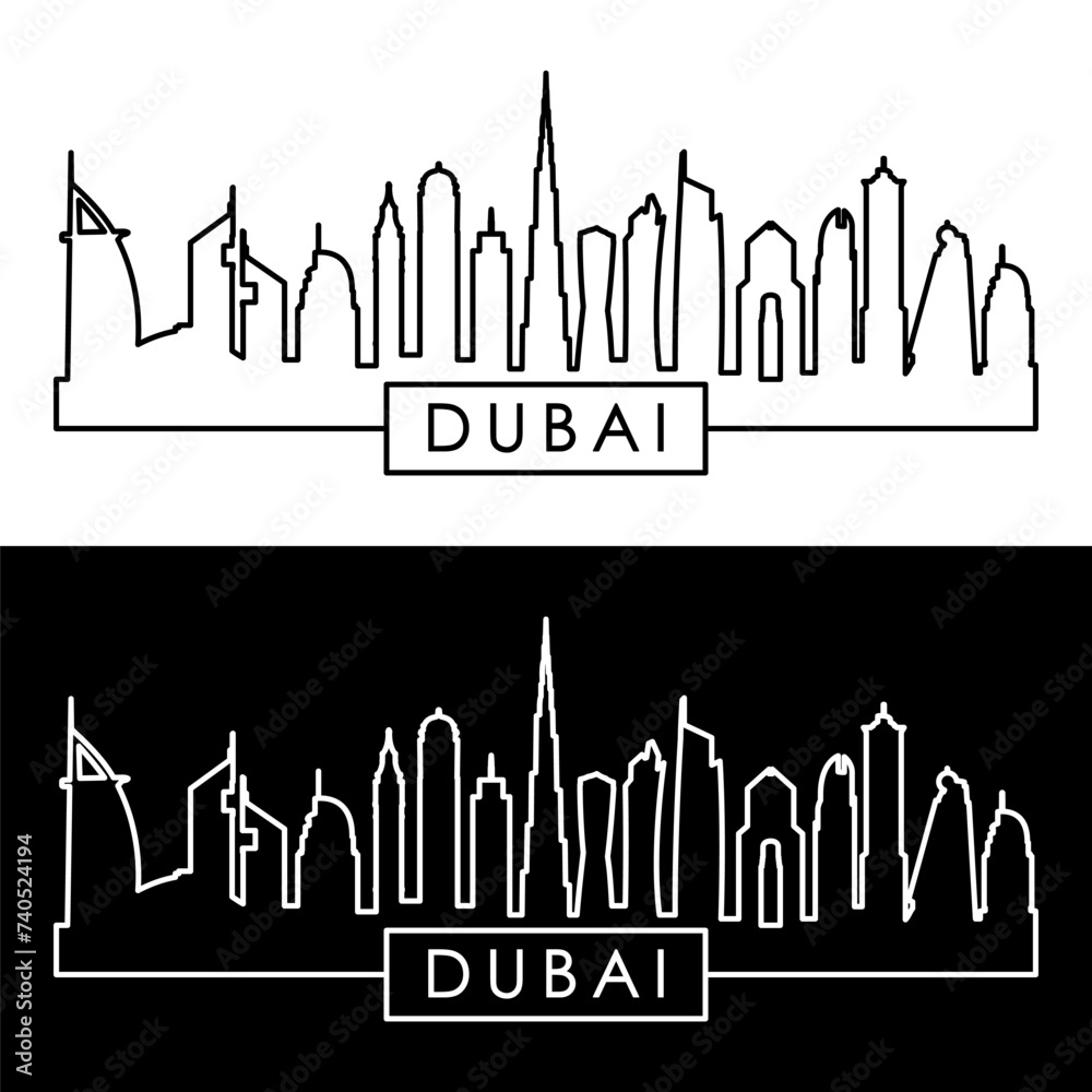 Dubai skyline. Linear style..Dubai city single line. Editable vector file.