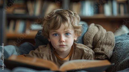 Young boy with a book in the library 