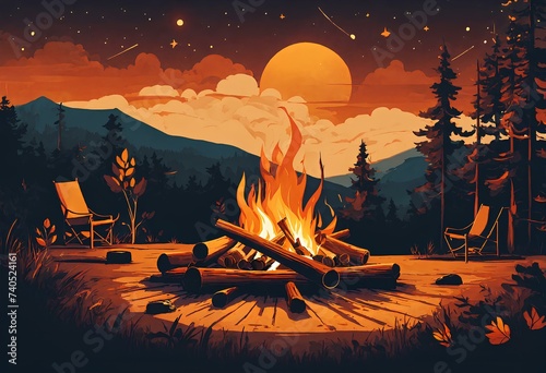 キャンプ場でくつろぐイメージのイラスト素材、キャンプファイヤー｜In this page, We offer the clip art of relaxing in a campground, campfire. Generative AI