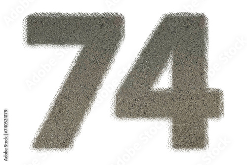 The shape of the number 74 is made of sand isolated on transparent background. Suitable for birthday, anniversary and Memorial Day templates
