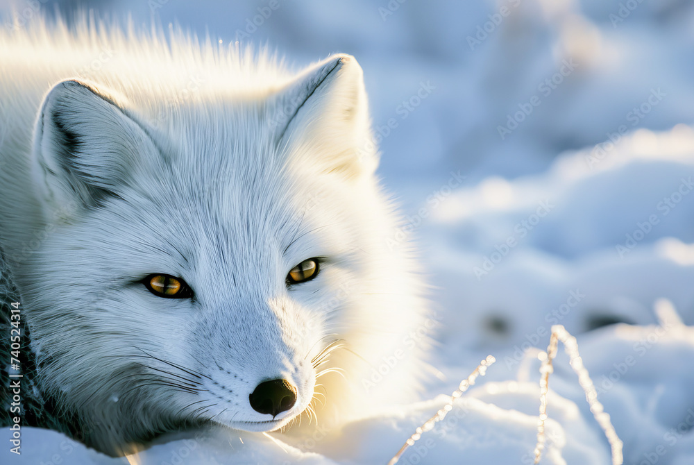 Naklejka premium Arctic fox Vulpes lagopus lying in the snow