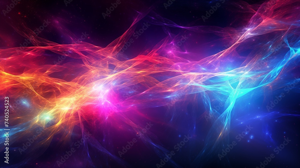 Intricate webs of light stretching across a cosmic canvas, weaving a tapestry of vibrant hues