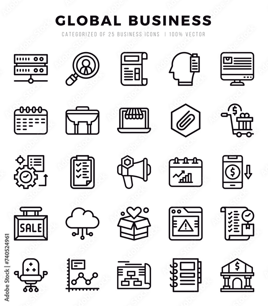 Collection of Global Business 25 Lineal Icons Pack. Collection of Global Business 25 Lineal Icons Pack.