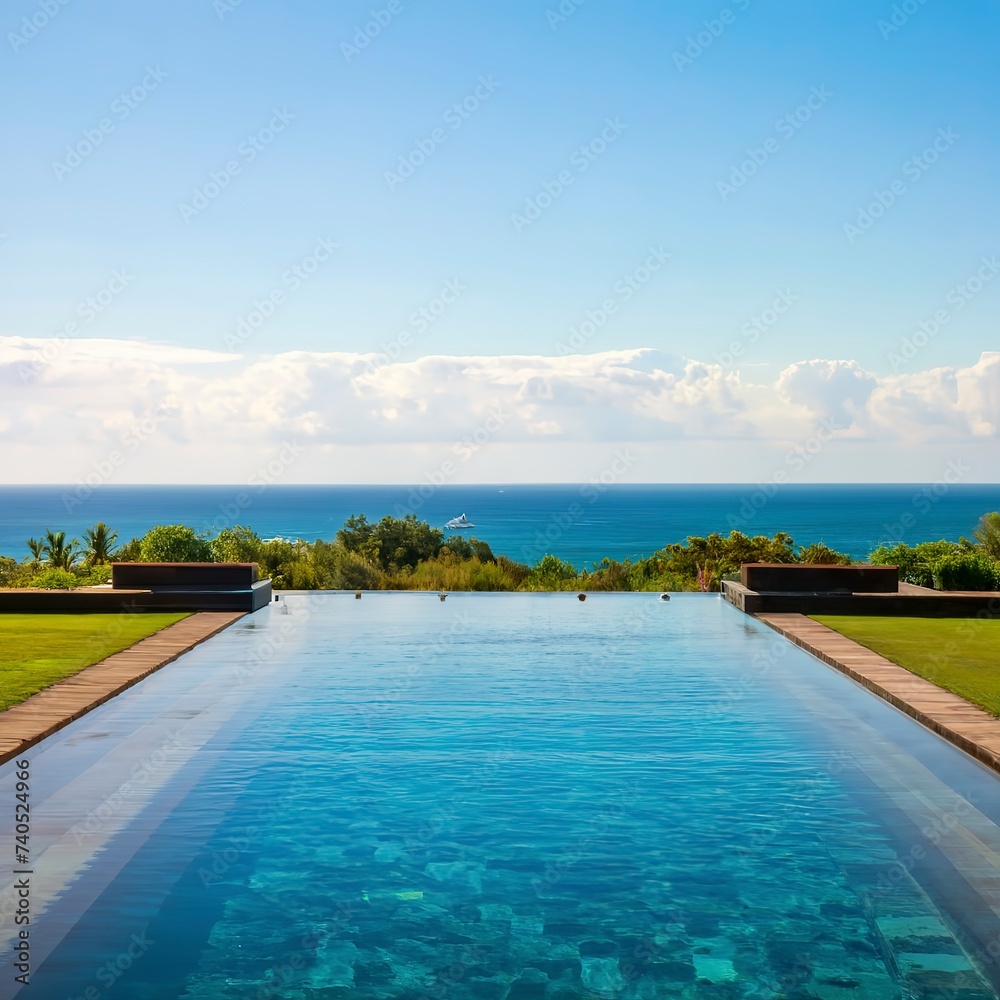 Infinity swimming pool with sea and ocean view on blue sky background