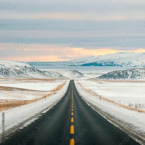 Icy winter road through the tundra hills in Teriberka photo