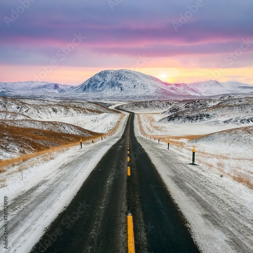 Icy winter road through the tundra hills in Teriberka
