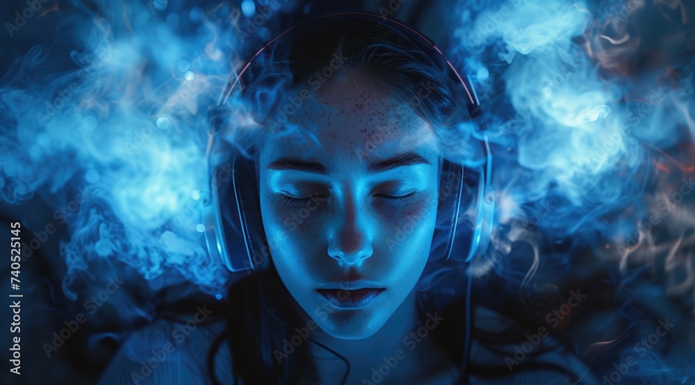 female woman wearing headphones and listening to music, explosive and chaotic