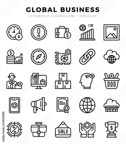 Global Business Icons Pack Lineal Style. Vector illustration.