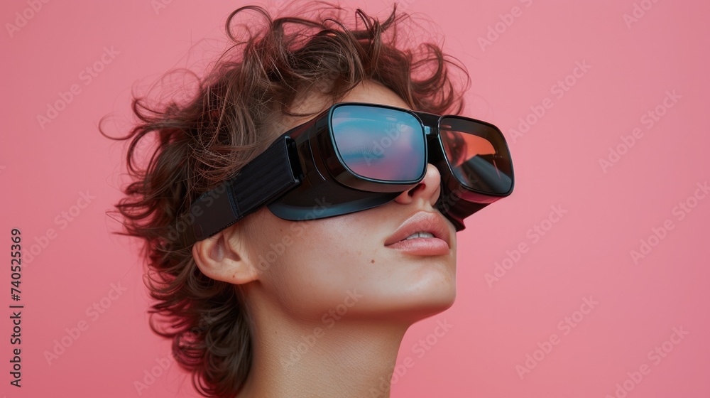 beauty idol with modern virtual reality glasses in pink background beauty idol with modern virtual reality glasses in pink background