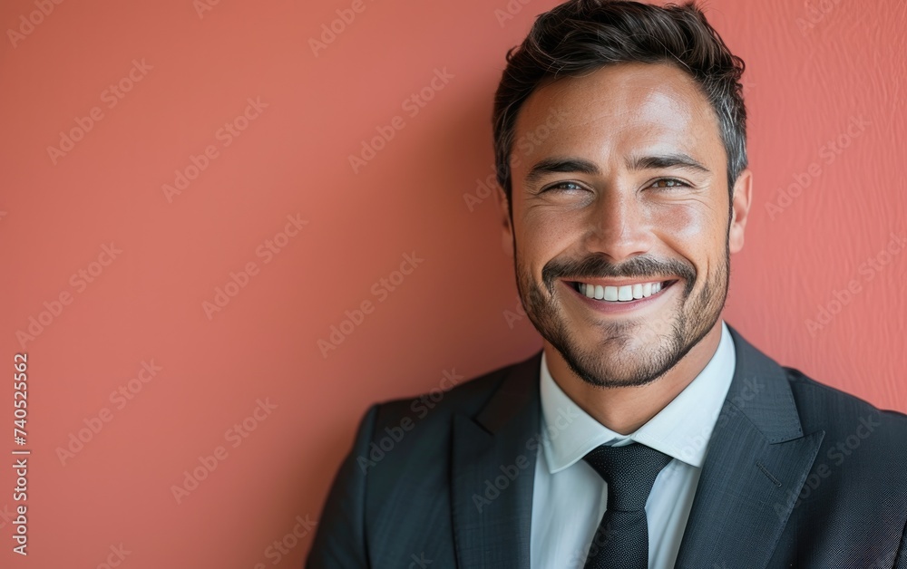 happy smiling confident businessman, wearing suit, Dynamic postures, solid light red background - obrazy, fototapety, plakaty 