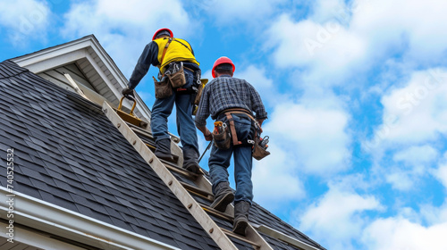 Two roofers climb up a ladder carrying tools and supplies as they prepare to tackle a challenging roof repair job on a multistory house.