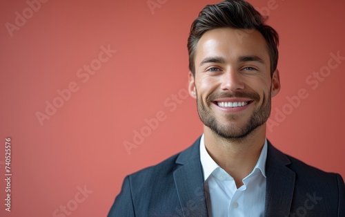 happy smiling confident businessman, wearing suit, Dynamic postures, solid light red background