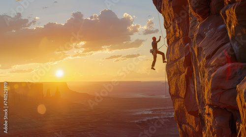 An extreme athlete conquers a high cliff in the Valley of the Gods, while the setting sun creates a dramatic silhouette behind him, Ai Generated Images