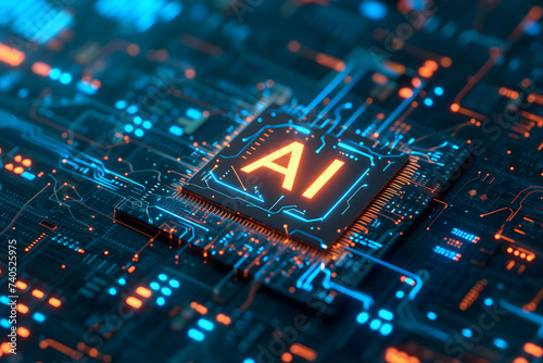 word AI on microchip on black circuit board with orange glow