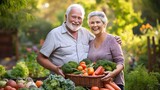 A smiling senior couple stands side by side in their lush garden surrounded by baskets overflowing with plump berries crisp lettuce and vibrant carrots embodying the satisfaction