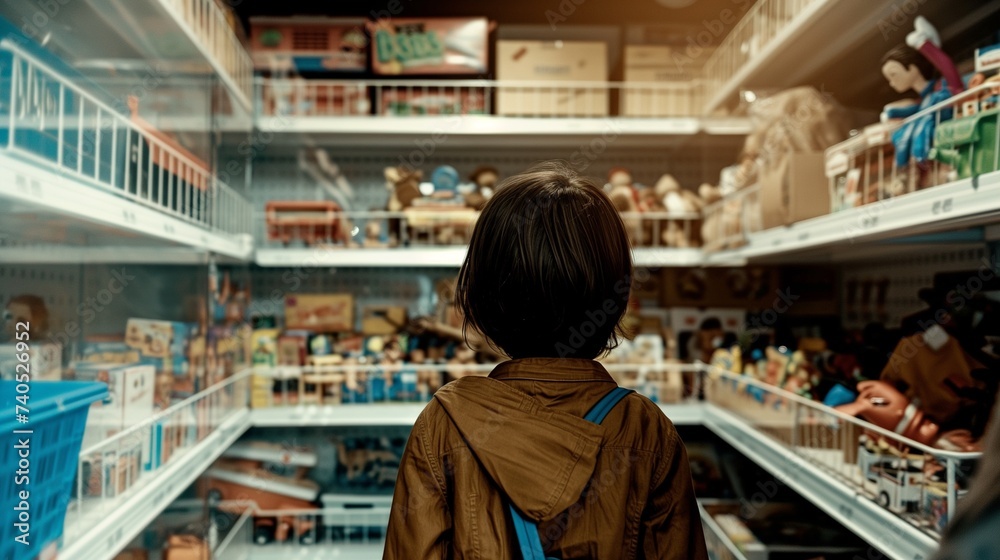 Child in a toy store. The concept shows a young person gazing at shelves stocked with various toys, captured with a cinematic and dramatic lighting effect.