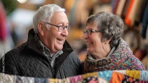 A retired couple laughing and reminiscing as they browse through a display of handsewn quilts and blankets at an arts and crafts fair.