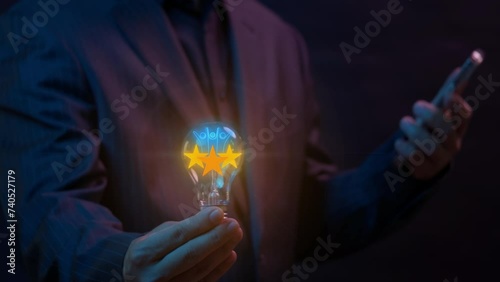 Customer service evaluation concept. Businessman showing glowing lightbulb with animation of three men icon and three stas rating inside to service experience for review satisfaction feedback survey. photo