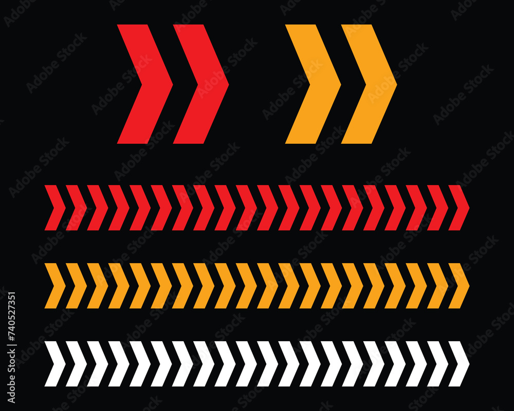 Set of red and yellow arrow signs, abstract arrow, chevron. Arrow Design, Striped direction, vector illustration