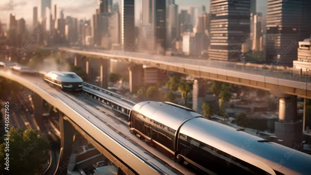 A train seamlessly travels alongside modern skyscrapers in a futuristic ...